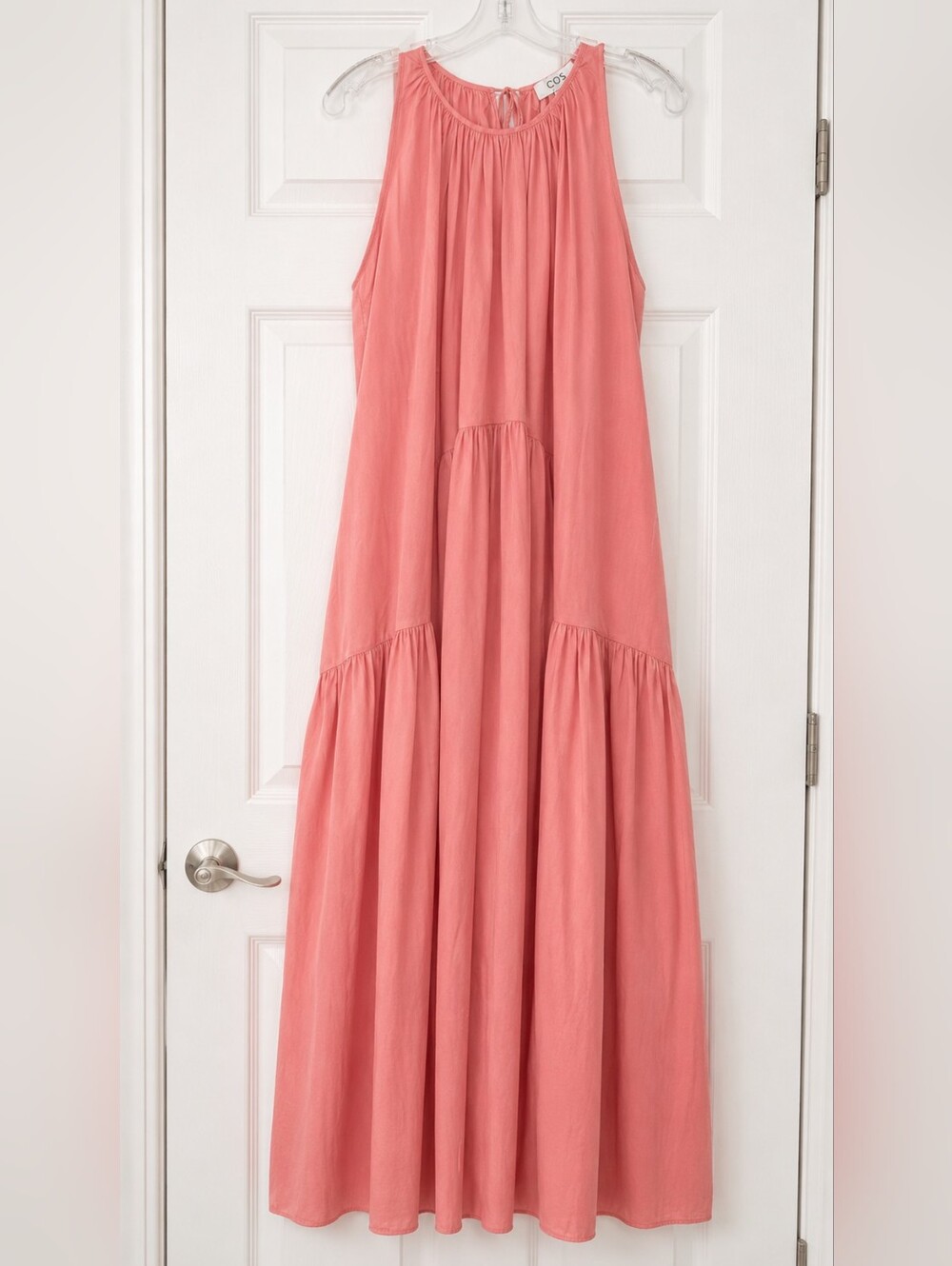New Pink Gatherd Halterneck Tiered Long Maxi Dress Size 8 Costal Sleeveless Boho - Picture 5 of 10